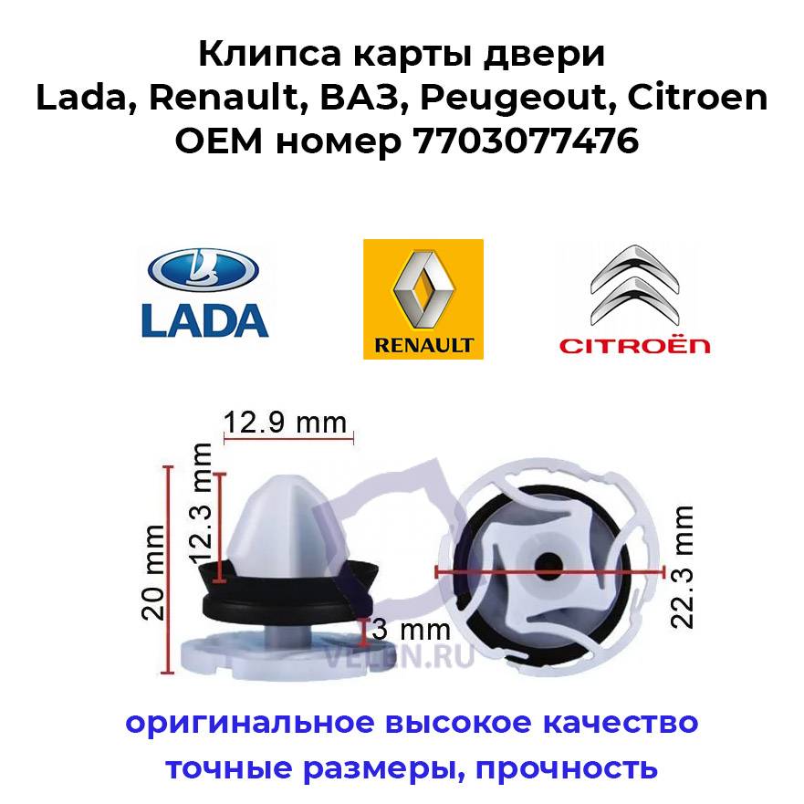 Клипса карты двери Lada, Renault, ВАЗ, Peugeot, Citroen 7703077476