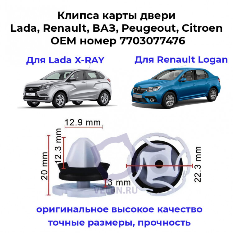 Клипса карты двери Lada, Renault, ВАЗ, Peugeot, Citroen 7703077476 купить