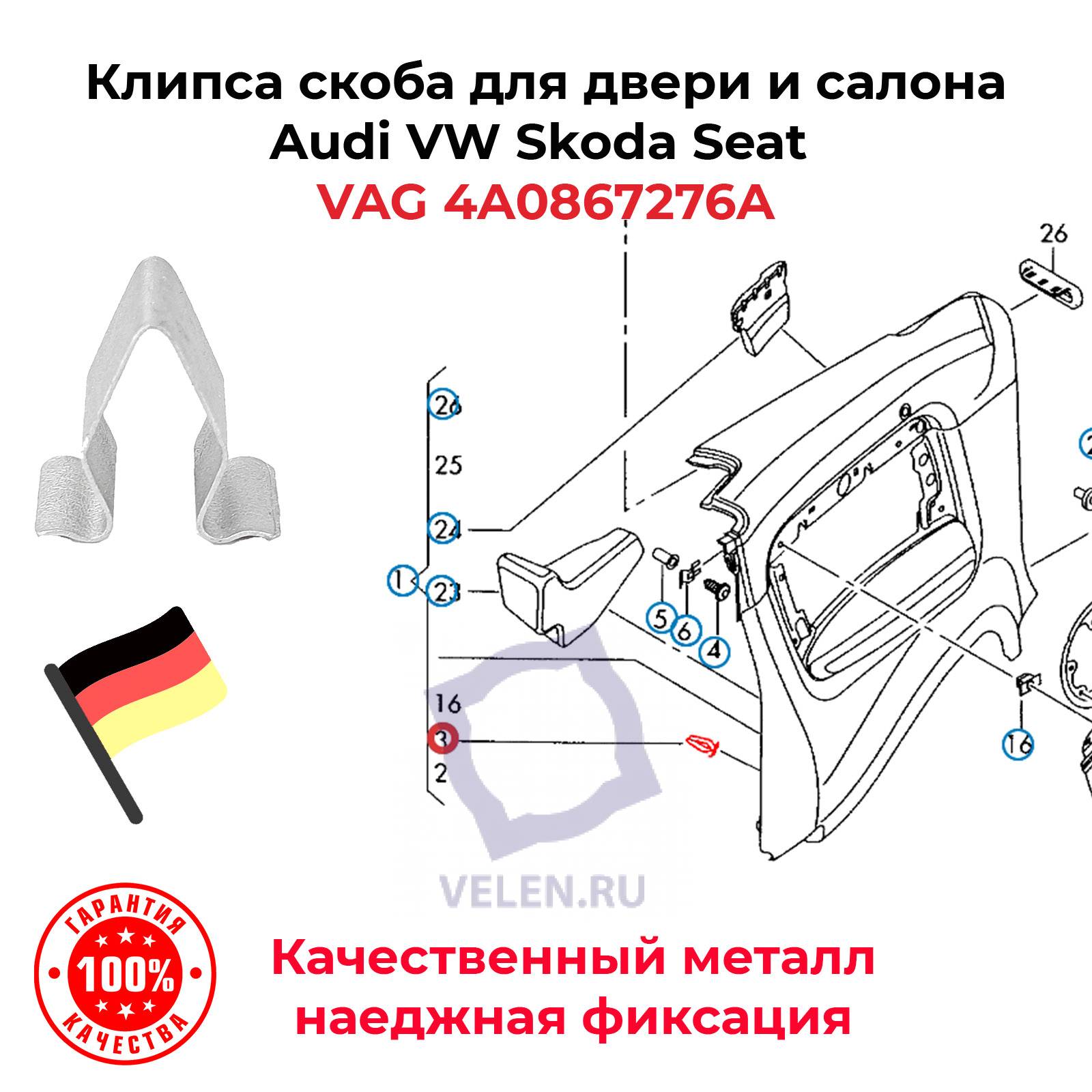Клипса скоба для двери и салона VAG 4A0867276A Audi VW Skoda Seat