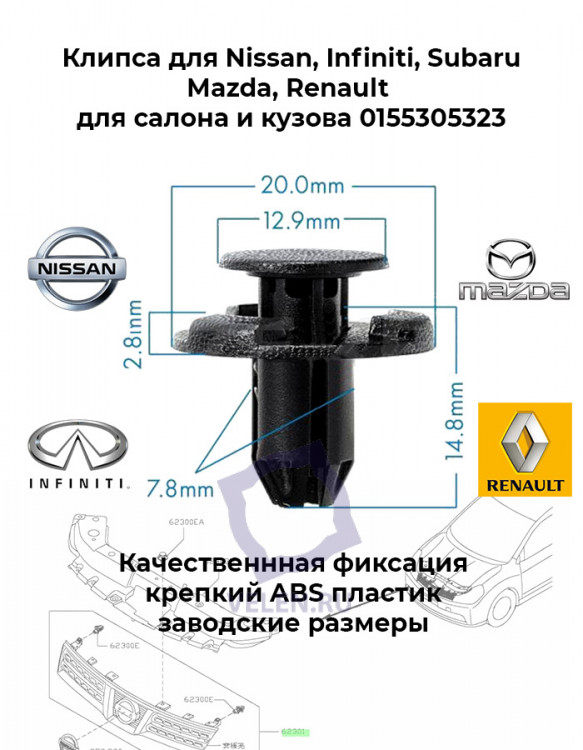 Клипса Nissan, Infiniti, Subaru, Mazda, Renault салона и кузова 0155305323 купить