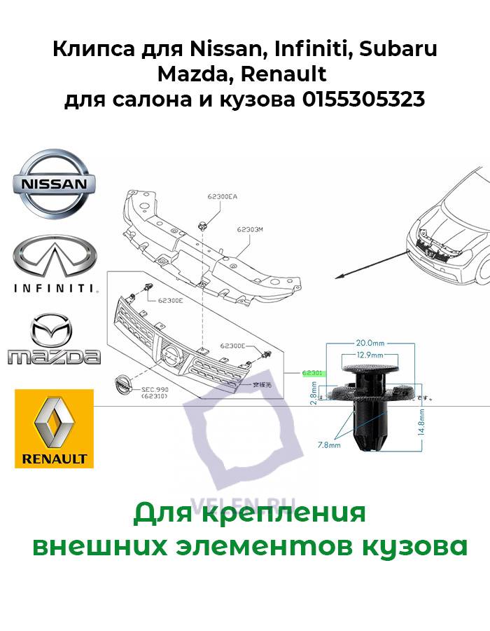 Клипса Nissan, Infiniti, Subaru, Mazda, Renault салона и кузова 0155305323
