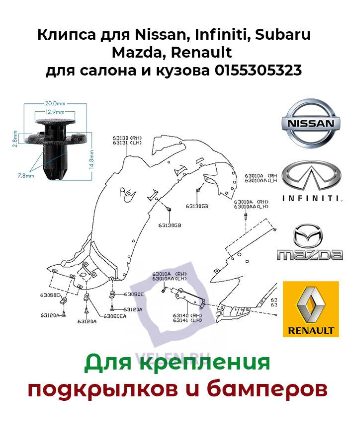 Клипса Nissan, Infiniti, Subaru, Mazda, Renault салона и кузова 0155305323