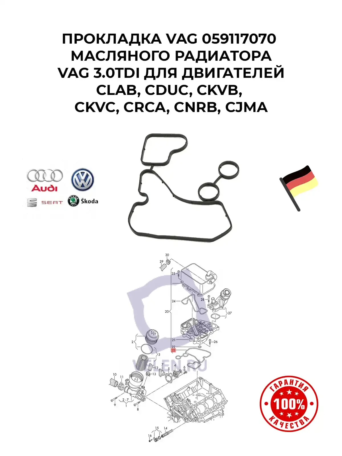 Прокладка VAG 059117070 масляного радиатора 3.0TDI для двигателей CLAB, CDUC, CKVB, CKVC, CRCA, CNRB, CJMA 